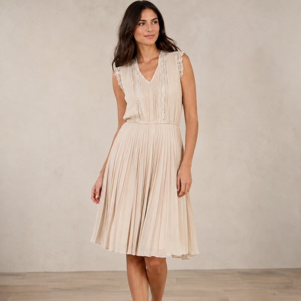 Banana Republic Pleated Midi Dress Cream Lace Trim V-Neck 12 Romantic Coquette
